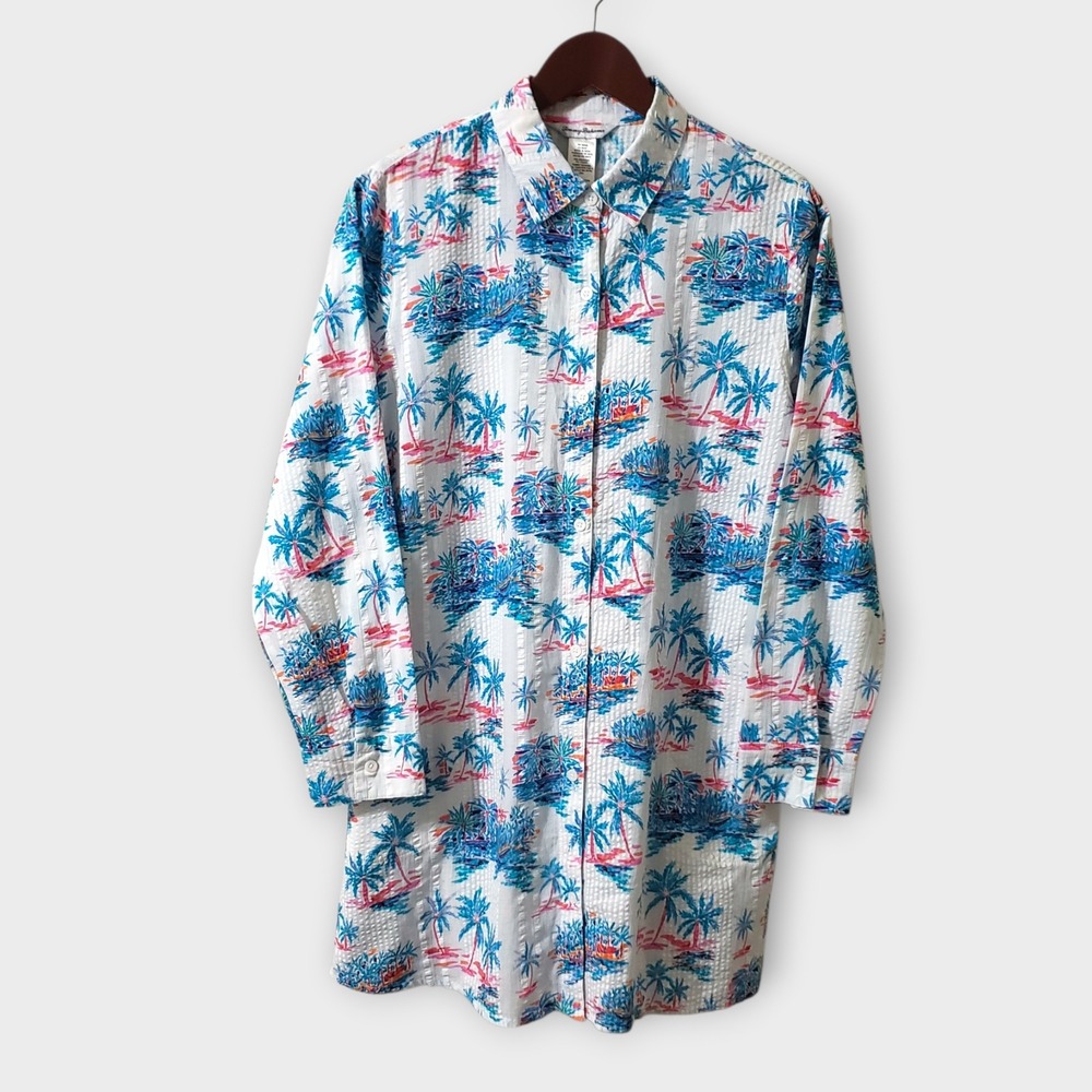 Tommy Bahama Womens Palm Tree Seersucker Button Front Tunic White Multicolor Sm